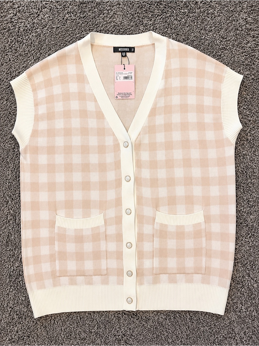 Sweater Vest Check Knit Cardigan Vest - Cream & Beige NWT Missguided Size 8/M - Picture 1 of 3